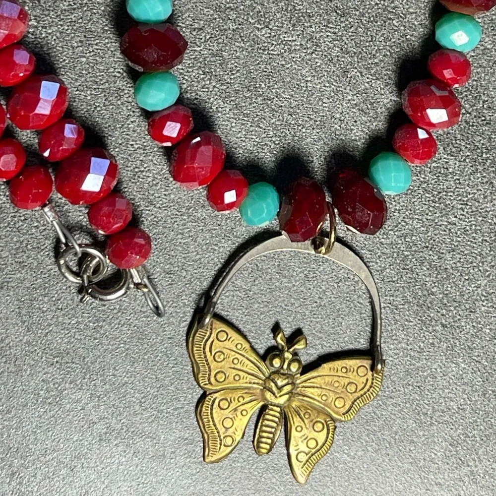 Faceted Crystal Bead Necklace Vintage 70’s Butterfly Moth Pendant